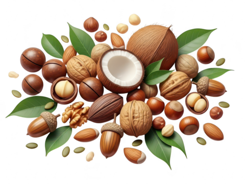 Assortment of various healthy nuts and seeds with green leaf garnish, isolated on transparent background