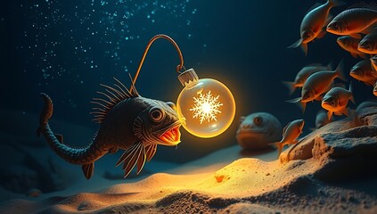 A whimsical anglerfish with a glowing lure attracts a school of fish in the deep, dark ocean depths christmas