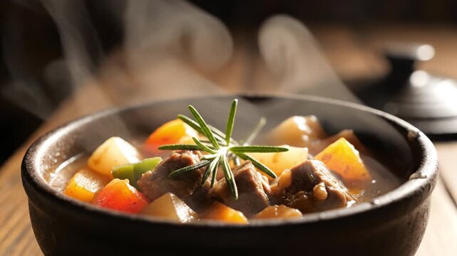 Steaming hot beef stew with tender chunks of meat, carrots, potatoes, and green beans garnished with fresh rosemary in rustic bowl evoking warmth and comfort food delight