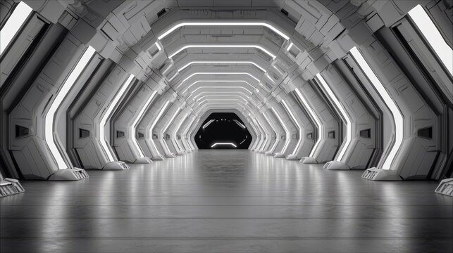 A perspective view of a futuristic corridor with bright lighting. The environment has a sci-fi aesthetic, with geometric shapes and a sense of depth.