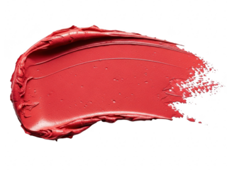 Swatch of vibrant coral red lipstick texture smear isolated on transparent background for cosmetic beauty product advertising