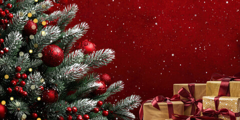 Obraz premium Christmas Tree with Gifts on Red Festive Background