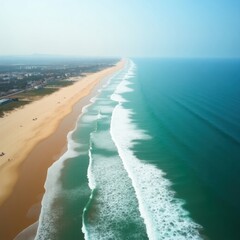 Aerial view of a long sandy beach with turquoise ocean waves and coastline