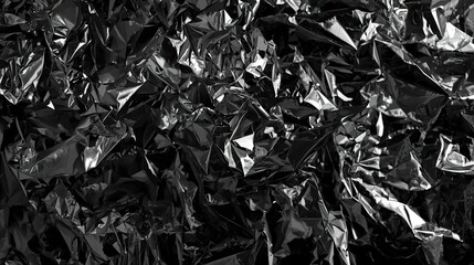 Abstract composition displays a crumpled metallic surface, its glossy texture reflecting light across a varied array of folds, creating a dramatic interplay of dark tones and highlights