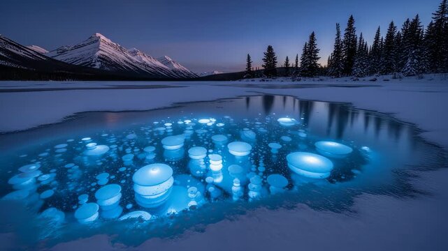 Glowing Blue Methane Ice Bubbles Trapped Under a Frozen Lake in a Winter Mountain Landscape at Twilight