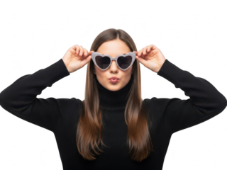 Young woman wearing heart shaped sunglasses and black turtleneck sweater adjusting eyewear isolated on transparent background