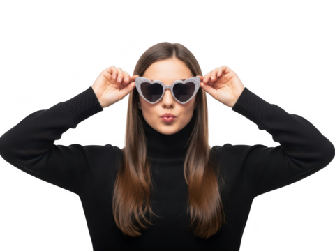 Young woman wearing heart shaped sunglasses and black turtleneck sweater adjusting eyewear isolated on transparent background