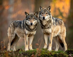 Two gray canines stand side by side, alert and watchful. Their fur blends with the autumnal forest backdrop