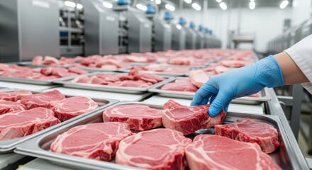 A butcher in a meat processing plant handles raw pork steaks, showcasing industrial food production and quality control measures within the facility.