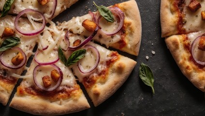 Delicious pizza with red onions and basil leaves on a dark surface.