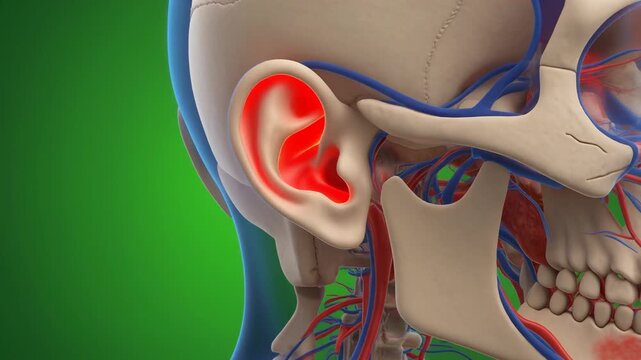 Scientific 3D animation concept of an earache highlighting otitis and auditory system pain in human anatomy