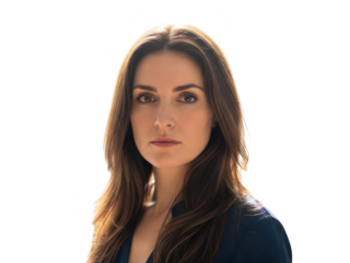 Closeup portrait of a serious young woman with long brown hair looking directly at the camera, isolated on transparent background