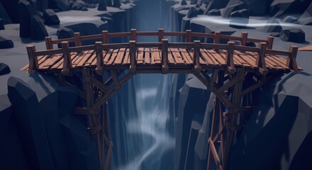 Low Poly Wooden Bridge Spanning a Mystical, Foggy Canyon Gorge at Dusk