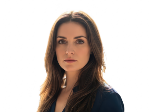 Closeup portrait of a serious young woman with long brown hair looking directly at the camera, isolated on transparent background