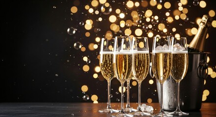 Festive champagne glasses on a dark background for a New Year's Eve celebration toast