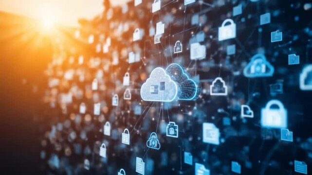 An abstract digital background showing documents, folders, and cloud icons connected by a grid network, representing data flow and management in a technological environment. 4k video - Powered by Adobe