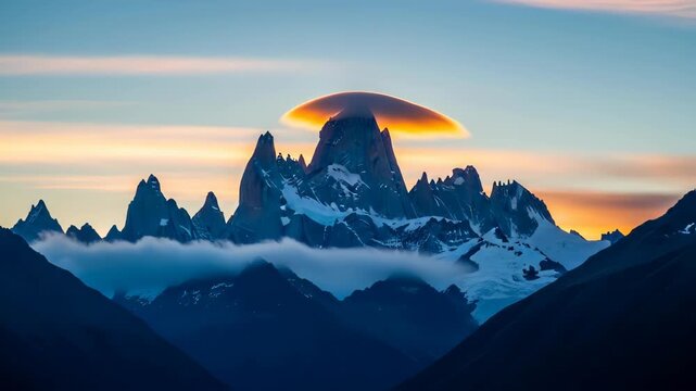 Iconic Mount Fitz Roy in Patagonia at sunrise with unique lenticular cloud formation