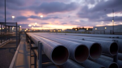 Industrial pipes stacked on racks at twilight under a colorful cloudy sky with illuminated lights
