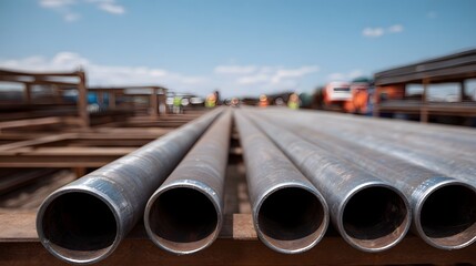 Rows of shiny metal pipes are neatly arranged on racks at an outdoor industrial construction site under a clear blue sky