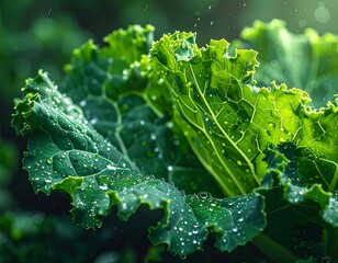 Close-up of dewy green leaves, sunlight, texture and water droplets