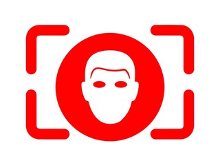 Red icon for face recognition and security scan isolated on white background