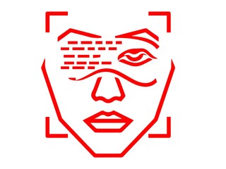 Red line art icon of face recognition scan isolated on white background