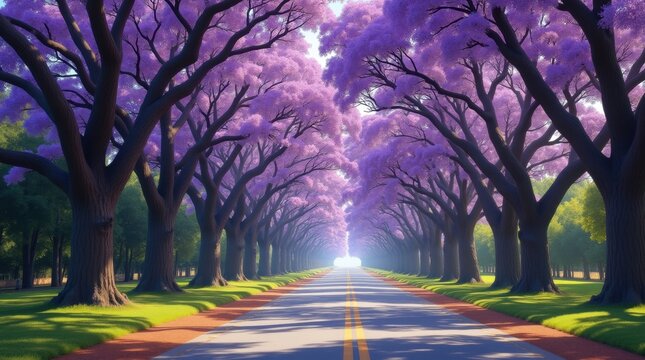 A picturesque tree lined road with blooming purple jacaranda trees in full bloom