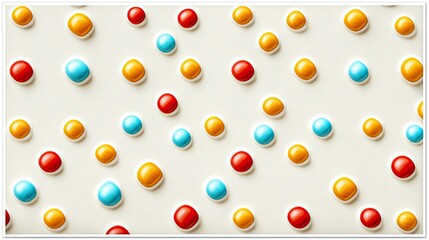 A repeating pattern of colorful candy dots in red, blue, and yellow on a white surface.