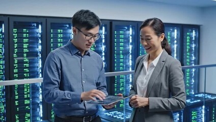 Modern Data Insights: Two expert tech professionals collaborate, reviewing data on a digital tablet within a high-tech server room, representing innovation and teamwork in technology. - Powered by Adobe