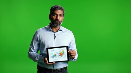 Presenter on green screen shows world map on tablet.