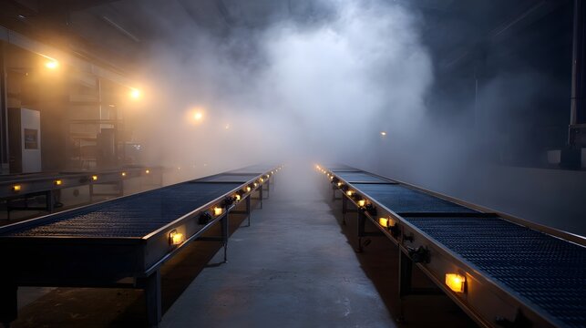 Industrial factory interior with parallel conveyor belts shrouded in mist and illuminated by yellow lights