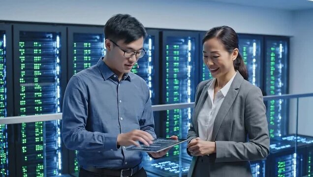Modern Data Insights: Two expert tech professionals collaborate, reviewing data on a digital tablet within a high-tech server room, representing innovation and teamwork in technology.