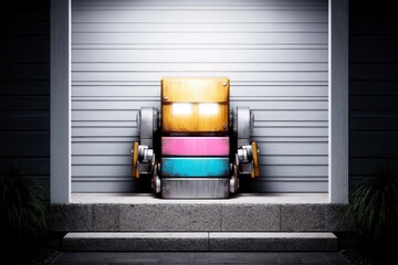A colorful robot stands in front of a garage door, with a modern design and a minimalist aesthetic. The robot is composed of stacked blocks of different colors.