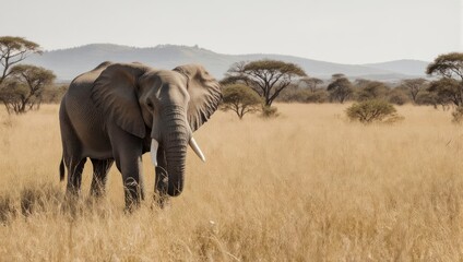 Majestic African elephant walking through the golden savanna grasslands.