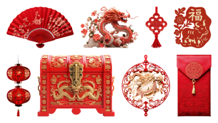 PNG Traditional Chinese red decorations, element set on transparent background