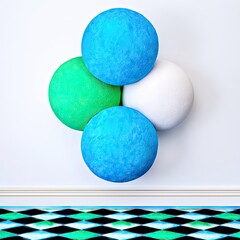 A composition of four colorful spheres in blue, green, and white against a white wall, with a patterned floor in the foreground, creating a modern and abstract