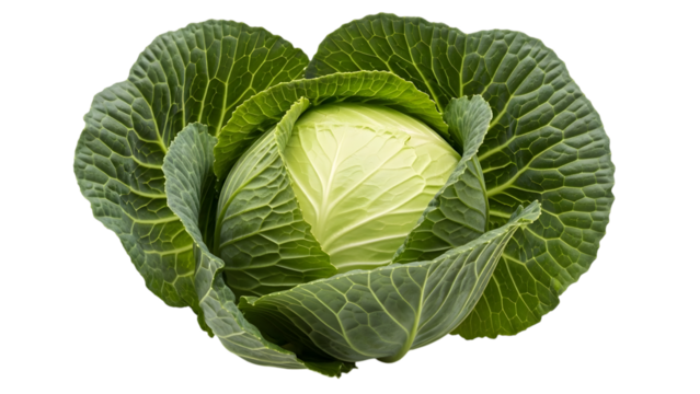 Fresh green cabbage head close up isolated on transparent background