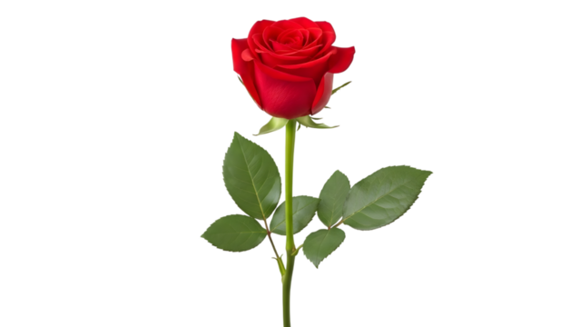 Elegant red rose blossom with stem and leaves isolated on transparent background