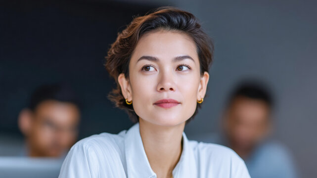 Woman portrait thoughtful office professional confident focus modern indoor business Calm thoughtful woman portrait office, professional and confident mood with soft light, modern indoor workspace