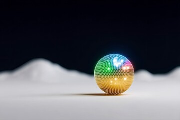 A colorful disco ball is illuminated on a white surface with a dark background. The ball reflects a rainbow of colors.