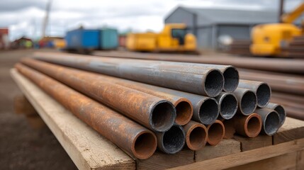 Rusty metal pipes are neatly stacked on a wooden pallet in an outdoor industrial storage yard with construction hinery in the background