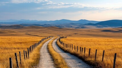 A dirt road winds through a field of golden grass, bordered by a fence, with mountains in the distance under a blue sky.