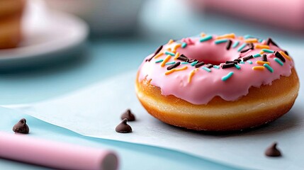 Close-up of a delicious donut with pink frosting and colorful sprinkles on a blue background. Several chocolate chips are scattered around the donut.