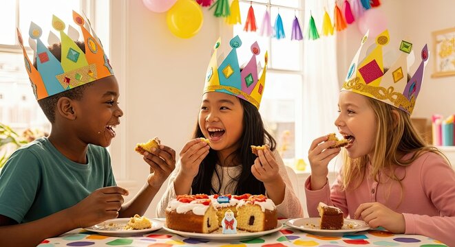 Happy children eat cake, children wear crowns, children love epiphany joy