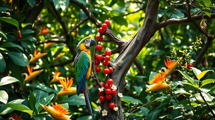 A colorful macaw perched on a branch amidst vibrant flowers and lush foliage in a tropical setting christmas