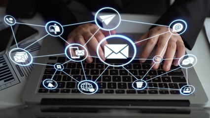 Email icons show digital communication, email service, and inbox management. Email supports online messaging, email notification, and secure exchange. Funnel