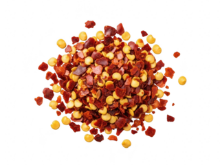 A small pile of crushed red pepper flakes with visible seeds, isolated on transparent background