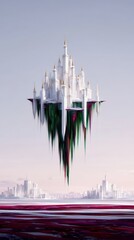 A futuristic castle floats in the sky, with a colorful drip effect and a city in the background. The image has a surreal and imaginative quality.