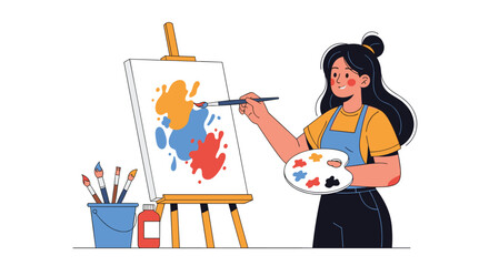 Fototapeta premium Talented female artist in an apron painting a colorful abstract picture on a canvas with a brush and a palette in her hands.