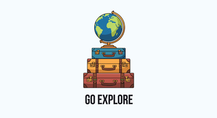 Travel concept illustration with a globe on top of a stack of vintage suitcases and the inspirational text 'Go Explore'.